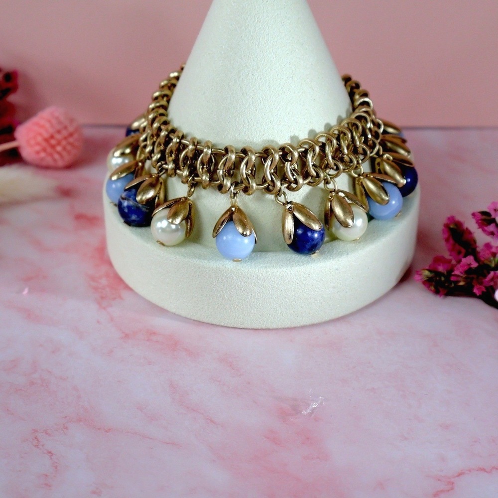 Vintage Gold Link Genuine Stone Pearl Dangle Charm Bracelet Rhode Island NOS